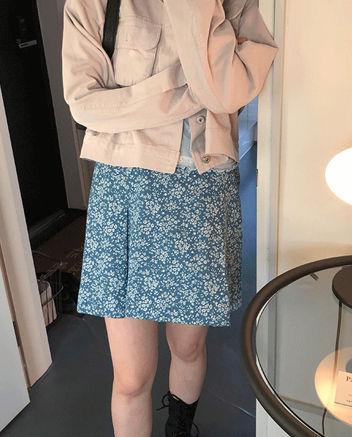flower pleat skirt : denim