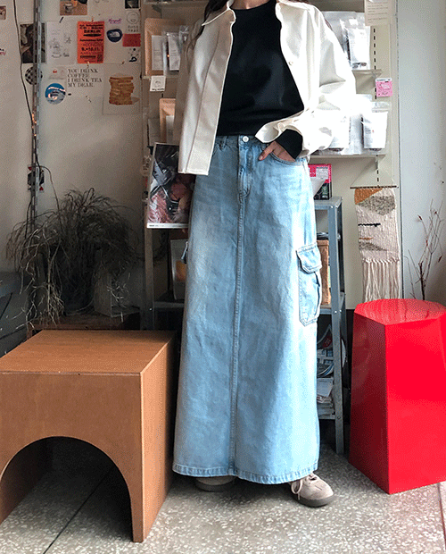 wide cargo denim skirt : blue